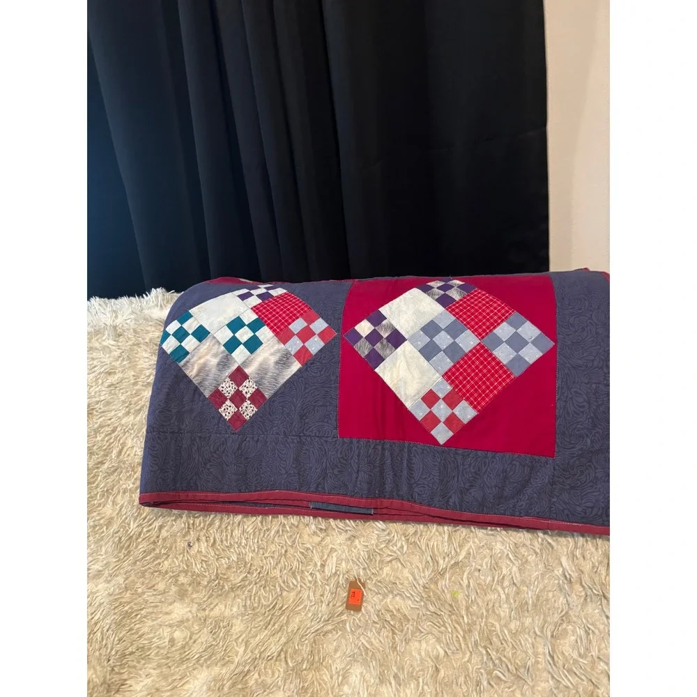 Handmade Vintage Patchwork Quilt Navy Red Purple Plaid Geometric Diamond 68x46